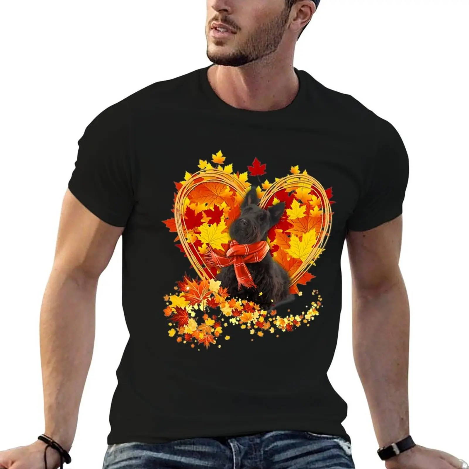 

Autumn Leaf Heart Scottish Terrier Scarf Fall Lover T-Shirt graphic t shirts for man man t shirt designer T-Shirt