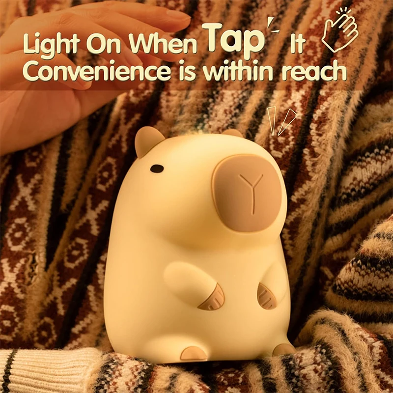 

Capybara Night Lights Soft Silicone Tap-Control Kids Nightlight with 2 Brightness Levels & 20-Min Timer Cute Cuddly Lamp