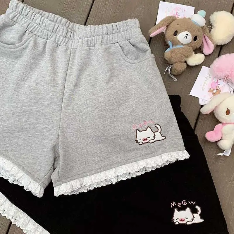 Pantaloncini sportivi a vita alta alla moda Pantaloncini corti a gamba larga con ricamo gatto carino Y2K Abbigliamento femminile casual estetico 2025 Estate Nuovo