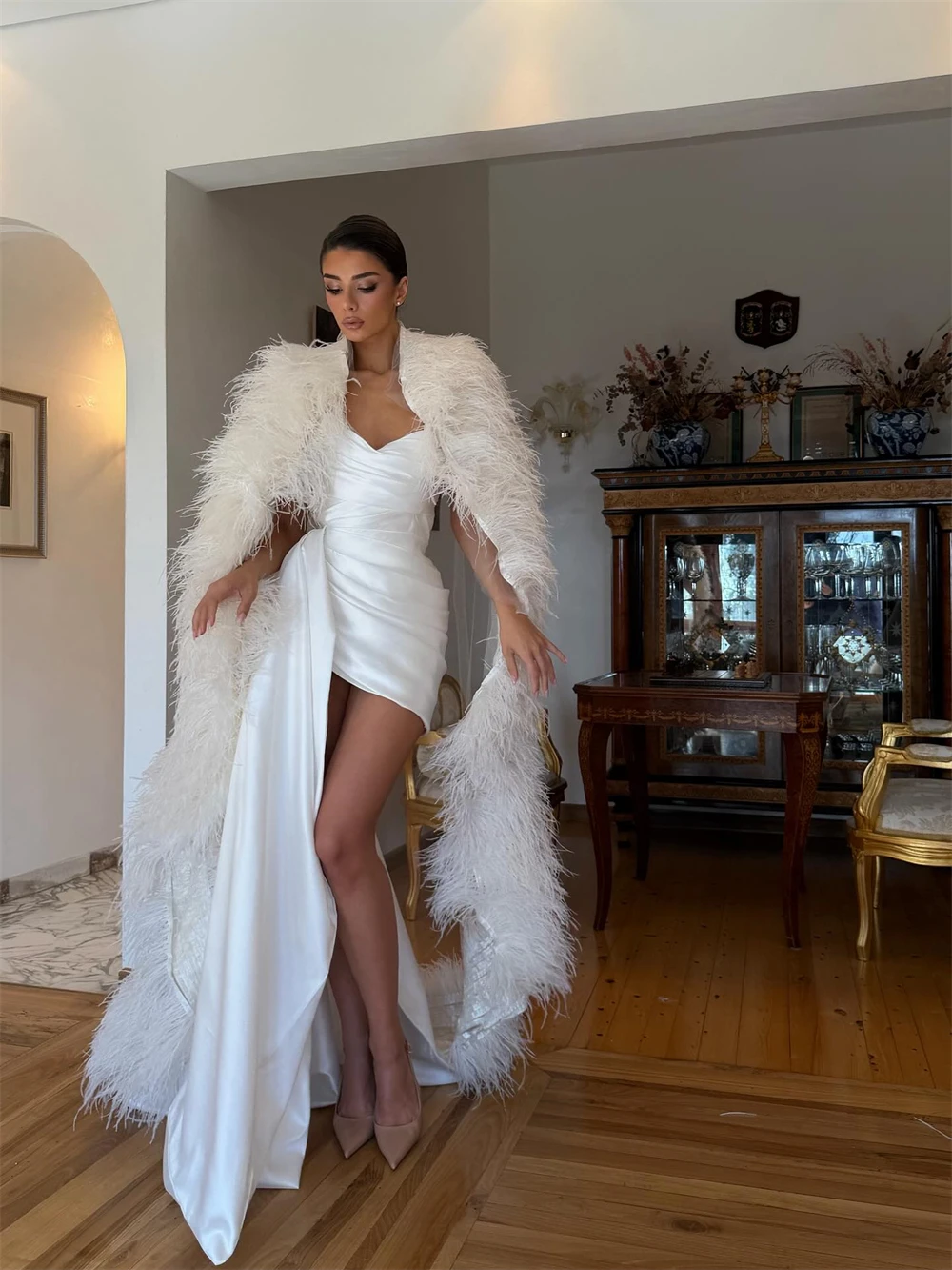 

Sansa белое платье с шалью из перьев и боковым хвостом, элегантное платье для выпускного вечера со складками, без рукавов, Vestidos De Noche, короткое вечернее платье 2025