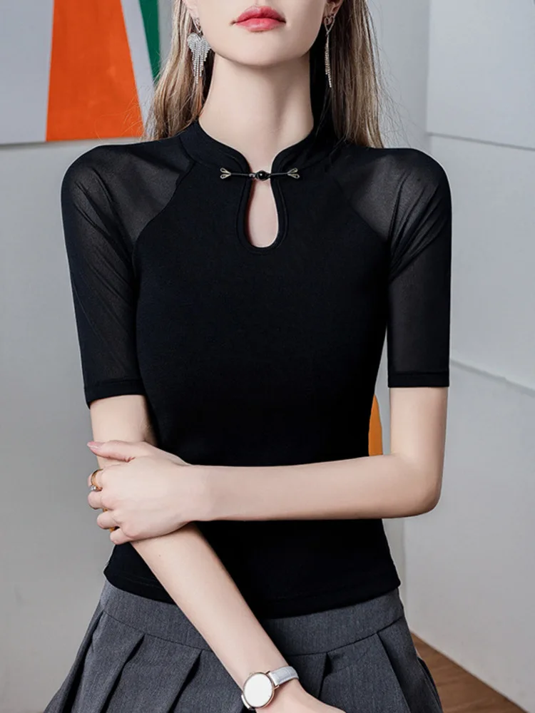 Light National Style Qipao Collar Button Mesh Top For Half 2025 Summer New Mid Sleeved Solid Color Women's Small Shirt