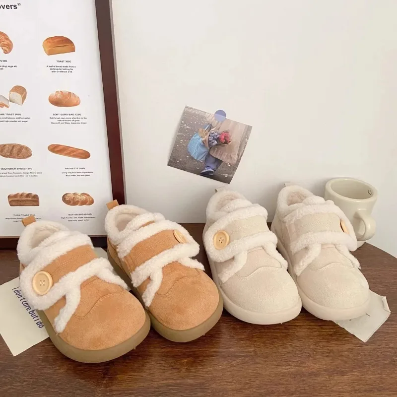 

Wool lined warm children's casual shoes 2025 winter new style for boys and girls fur cotton shoes sports cotton shoes