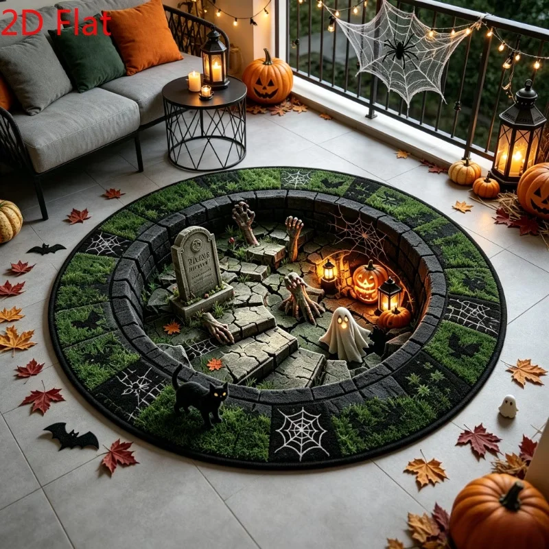 3D Illusion Graveyard Ghost Round Rug Home Decor Holiday Patio Outdoor Floor Mat 2D Print Area Rug Balcony Doormat