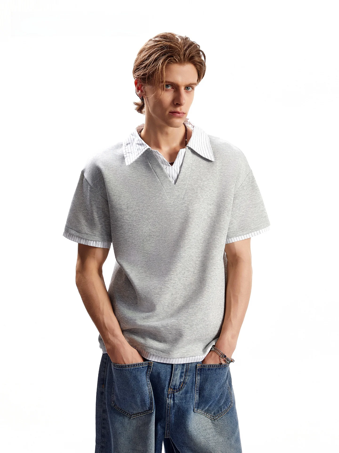 SDMADE Unisex Summer Loose Casual V-Neck Short Sleeve  Shirt Striped Flip-Collar Standard Fit Standard Length Regular Sleeve