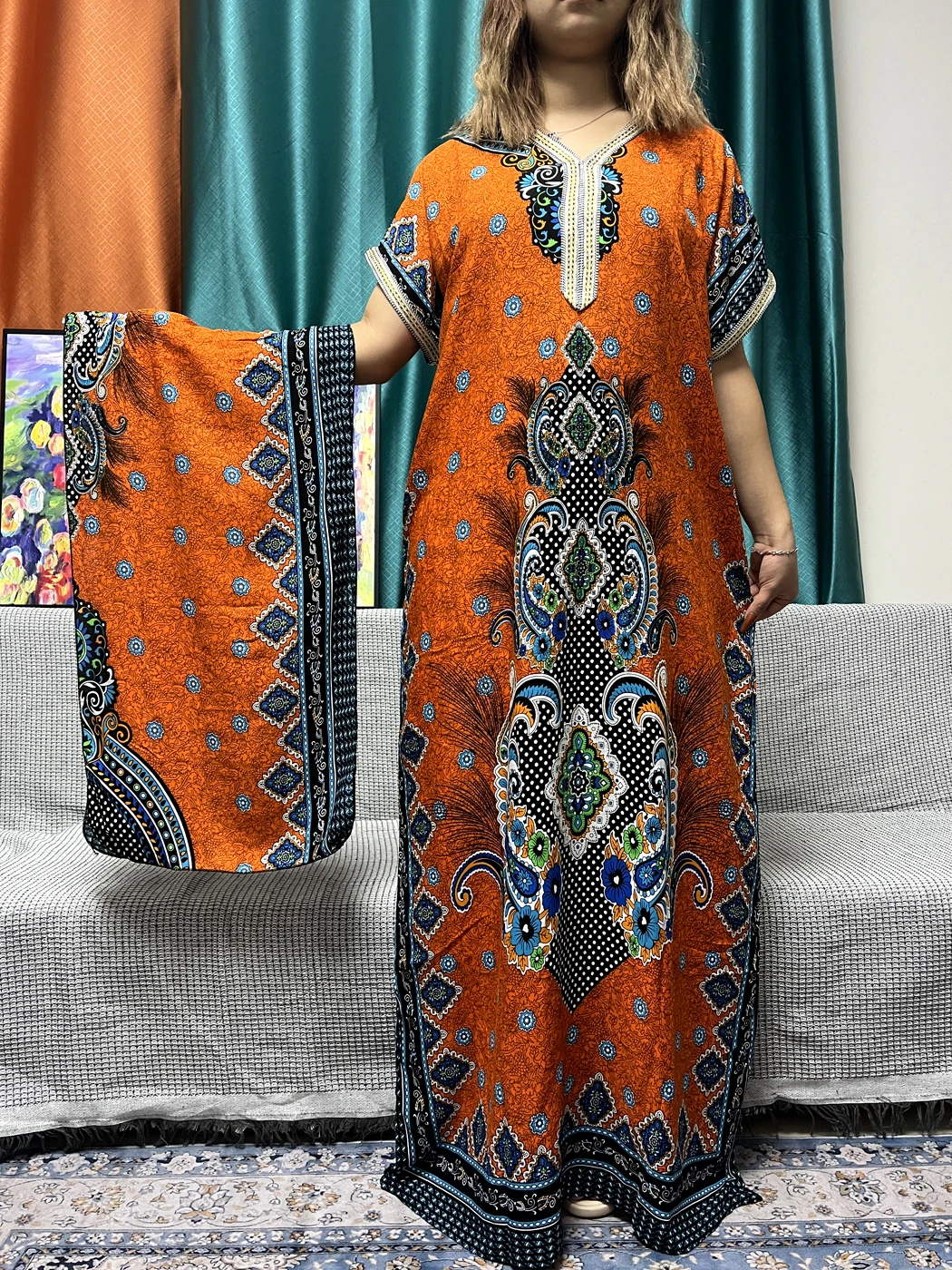 Abayas musulmanes pour femmes, appliques florales imprimées, coton, manches courtes, adt Fit, robe africaine, robes islamiques avec turban