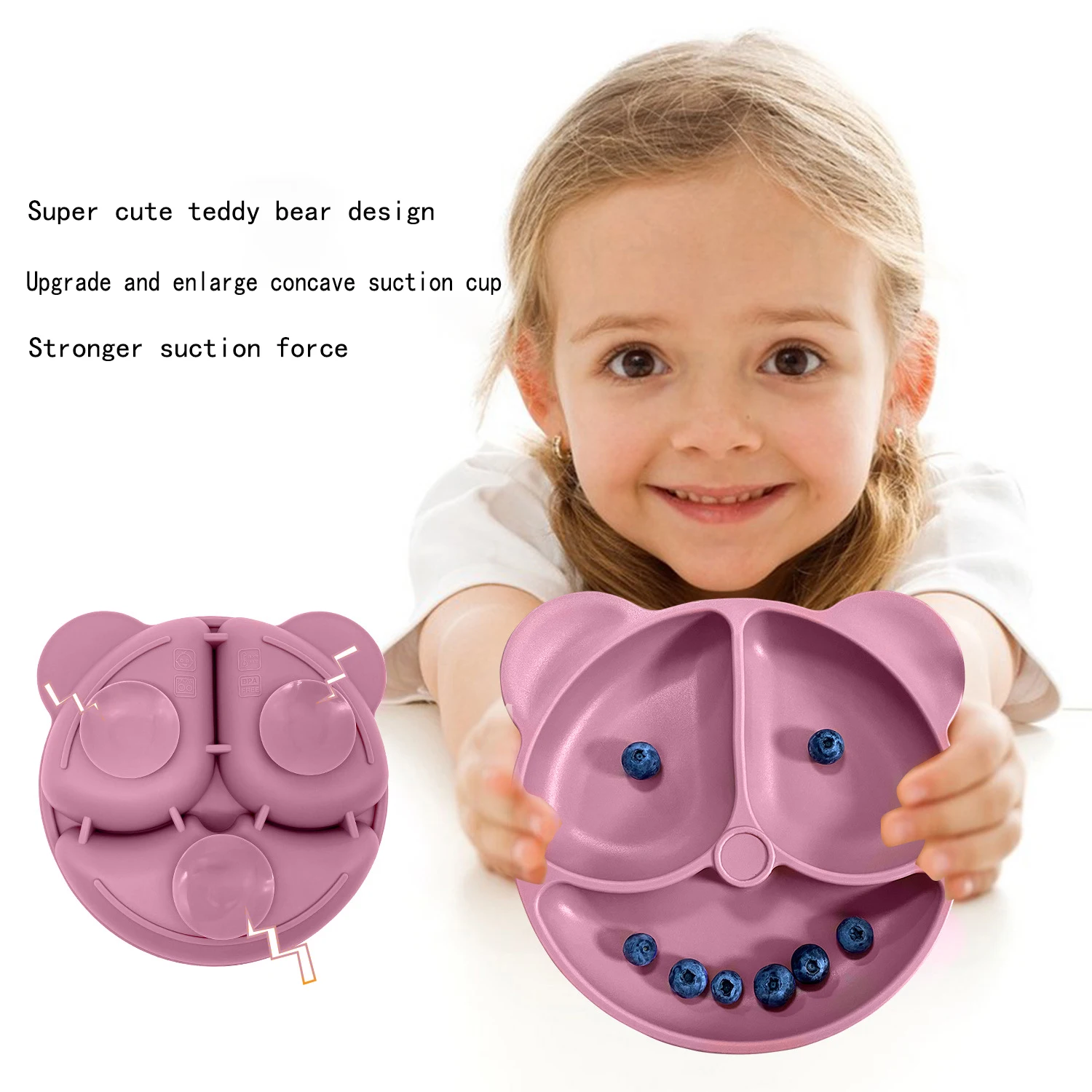 Children's Bear Suit Silicone Tableware Set with Suction Plate Divided Feeding Plate Spoon Fork Anti-Drop Anti-Tipping