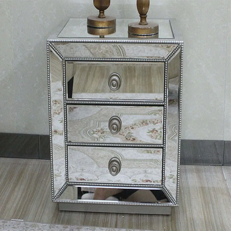 European style mirror glass solid wood silver finish bedside table for bedroom