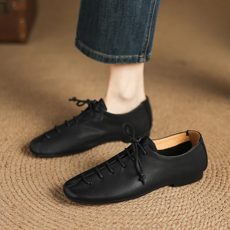 New Retro Soft Sole Single Shoes Women Round Toe Lace-up Solid Colour Flats Lightweight Comfortable Loafers Sapatos Femininos
