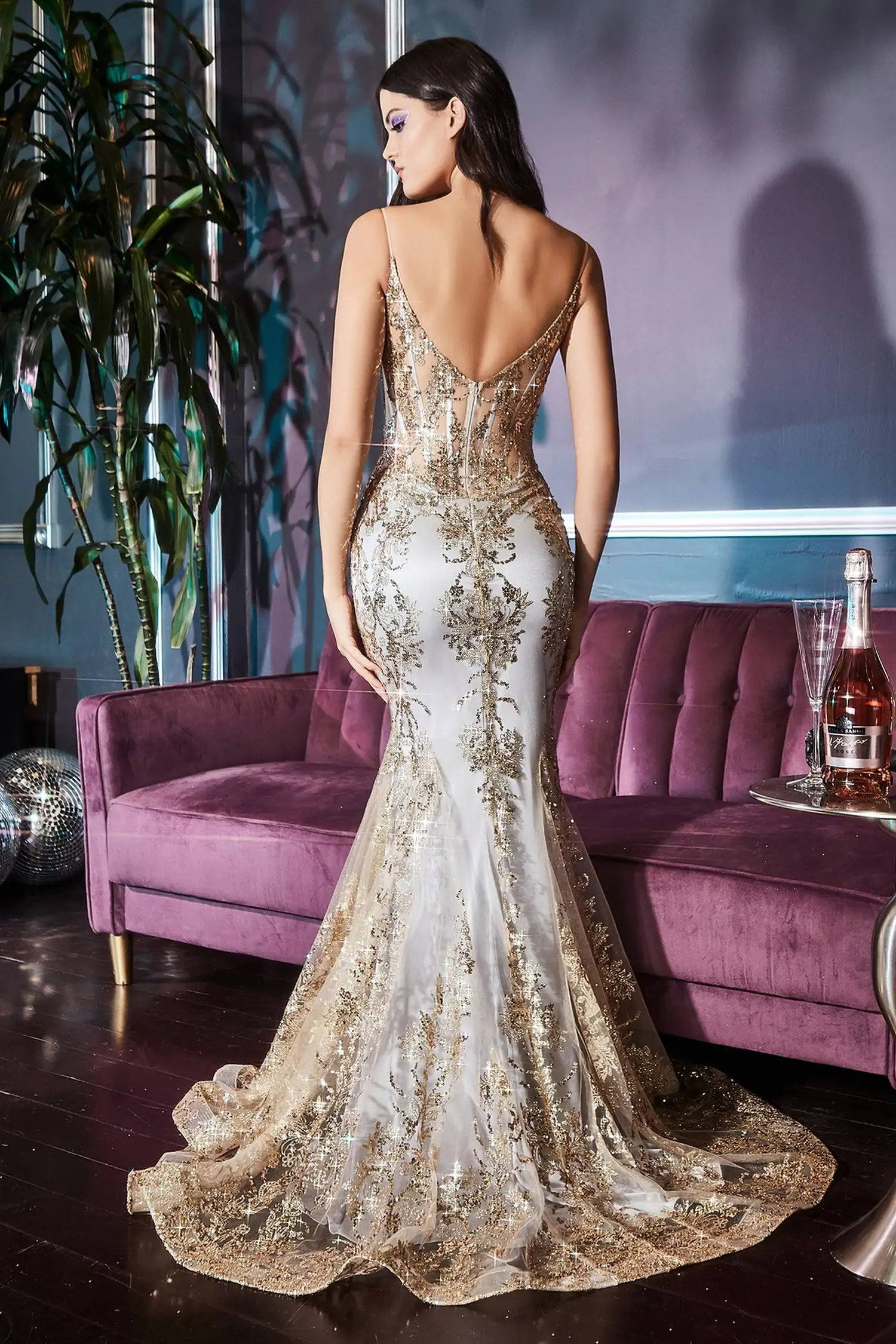 Sequined, Spaghetti-Strap, Metallic Lace Long Fishtail Prom Gown — Alluring V-Neck, Flared Skirt, Tulle Evening Party Dress