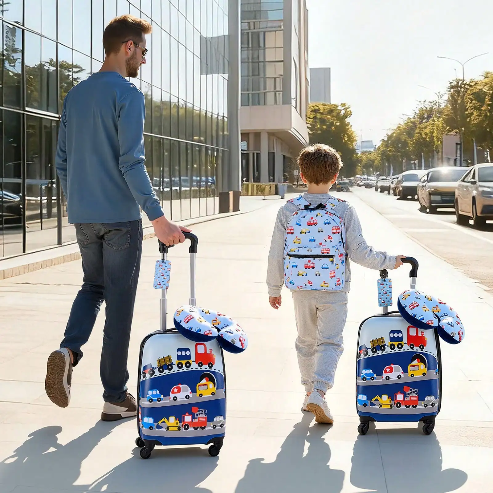 5 Piece Kids Luggage Set, 18 Inch Hardside Rolling Carry On Suitcase, Includes Backpack & U-Shape Travel Pillow, Truck Pattern Kids Suitcase With Wheels, Airline Approved, Perfect Holiday Birthday Gift For Boys And Girls Family Travel