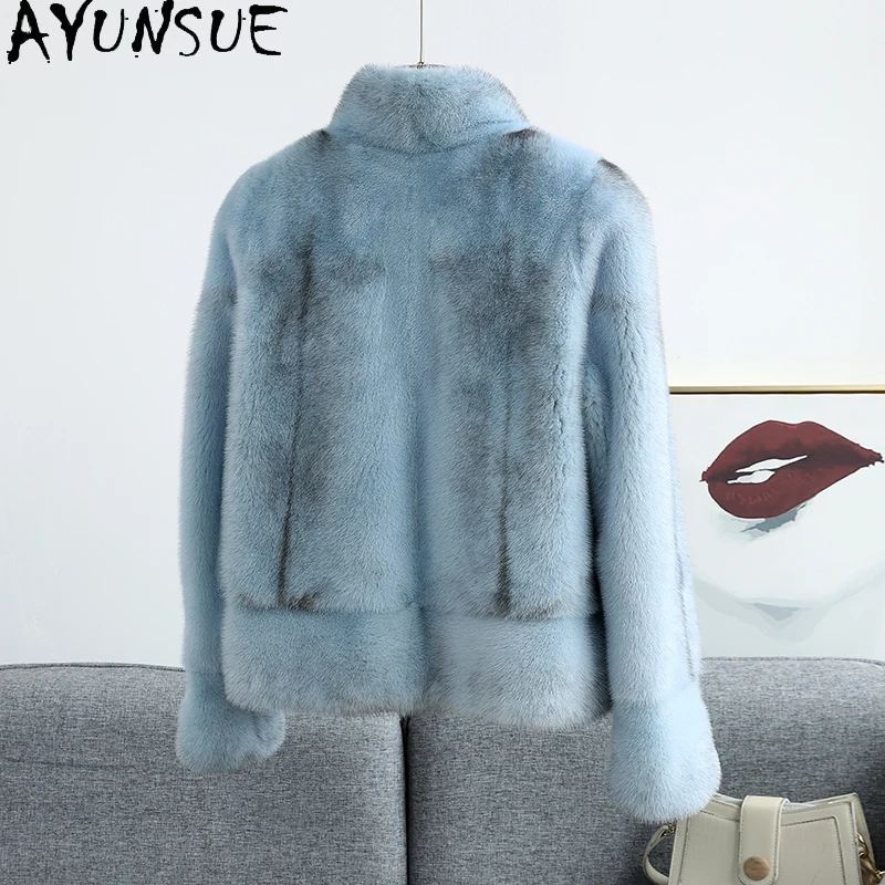 AYUNSUE Naturalny Płaszcz z Futra Norki Damski Luksusowe Płaszcze z Prawdziwego Futra Cały Płaszcz z Norki Damski Kurtka Zimowa Stójka Шуба Женская