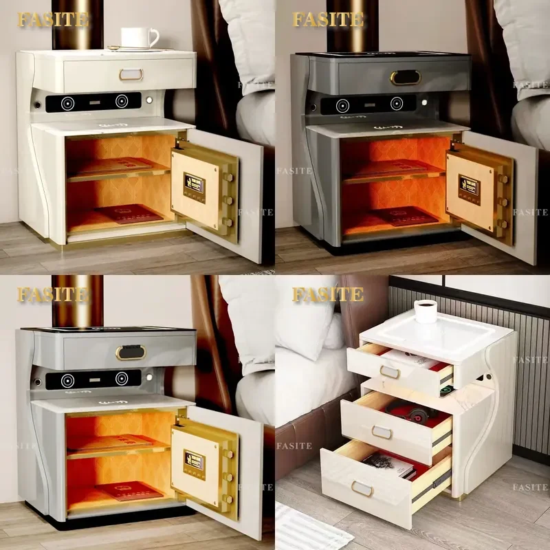 For Smart Bedside Table Modern Simple Paint Storage Cabinet with Wireless Charging Sensor Light Bluetooth Safe Integrated