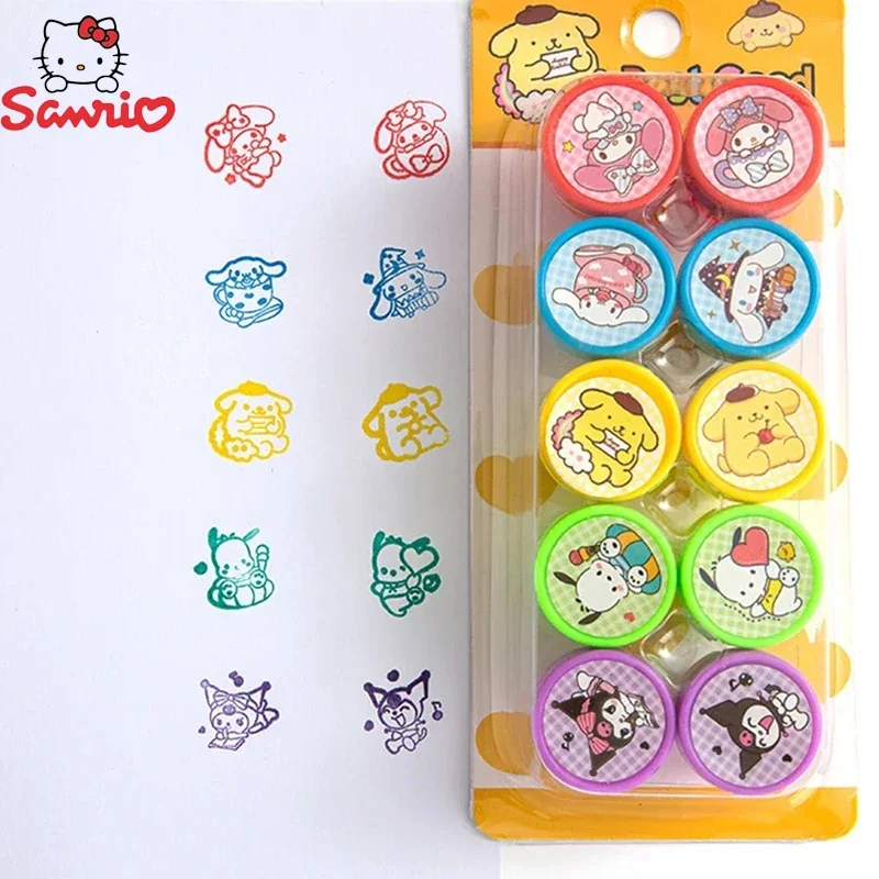 Anime 10 buah/set cap tinta sendiri Sanrio mainan anak-anak cap Album foto lukisan Diy segel wajah elastis Melody Hello Kitty Kuromi