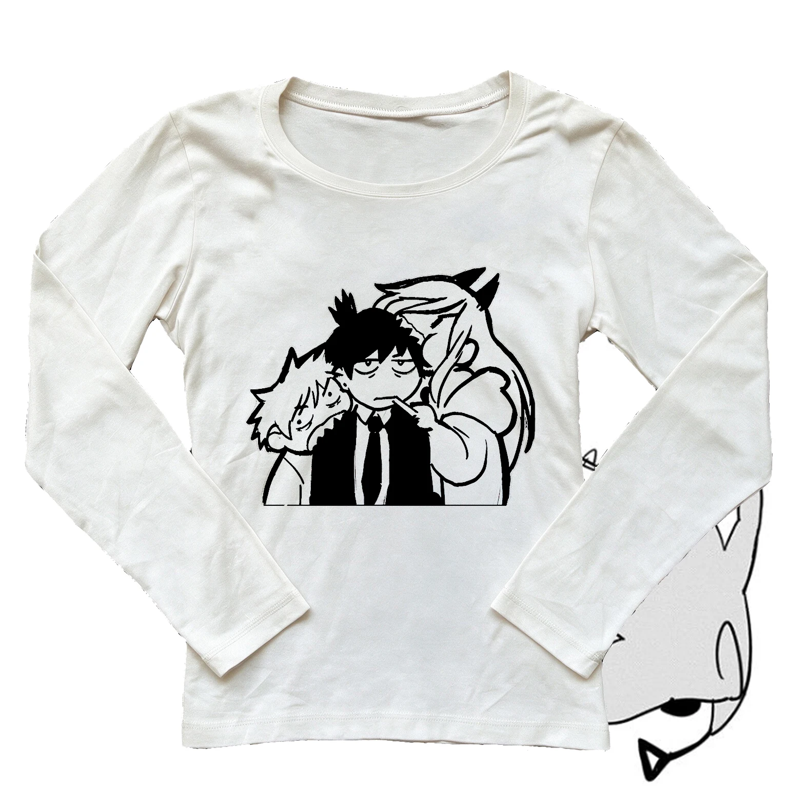 Women's Long Sleeve T-shirt, Chainsaw Man Black White Comic Characters Print Tee, Y2K Harajuku Egirl Aesthetic Slim O-neck Casua