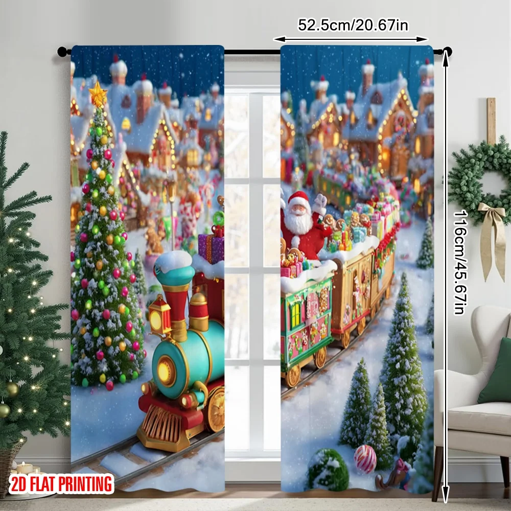 2pcs 2D flat printing Christmas Curtain Santa Claus Christmas Train Picture Fabric Without Electricity Festive Curtains Use for