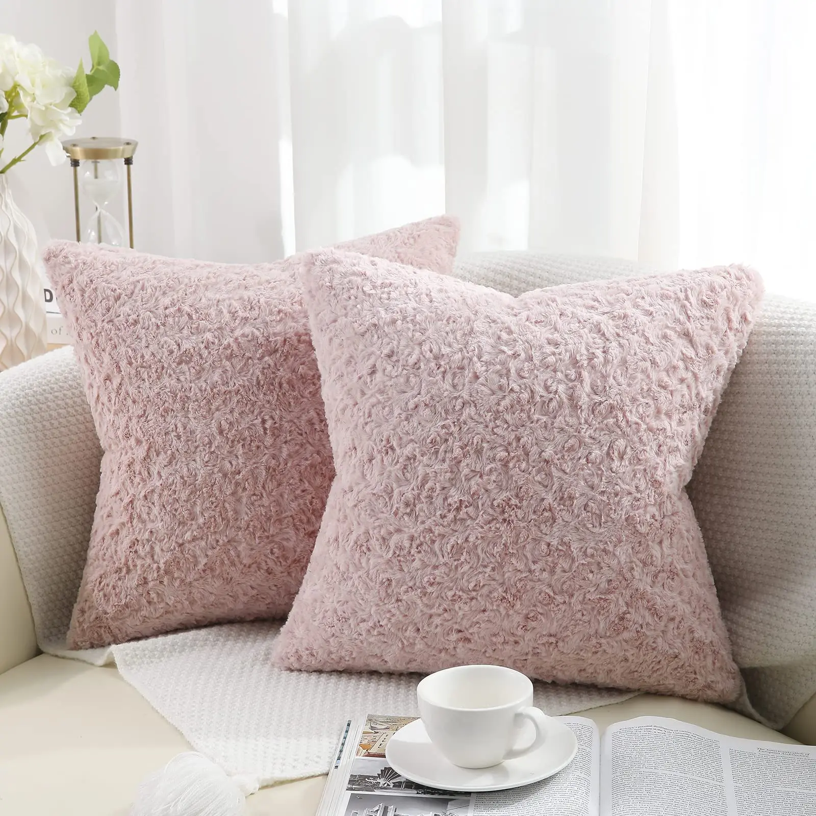 Kitinjoy Fuzzy Cushion Covers For Home Decor Faux Fur Fluffy Square Neutral Pillow Cases Pure Color Plush Sofa Cushions Set of 2