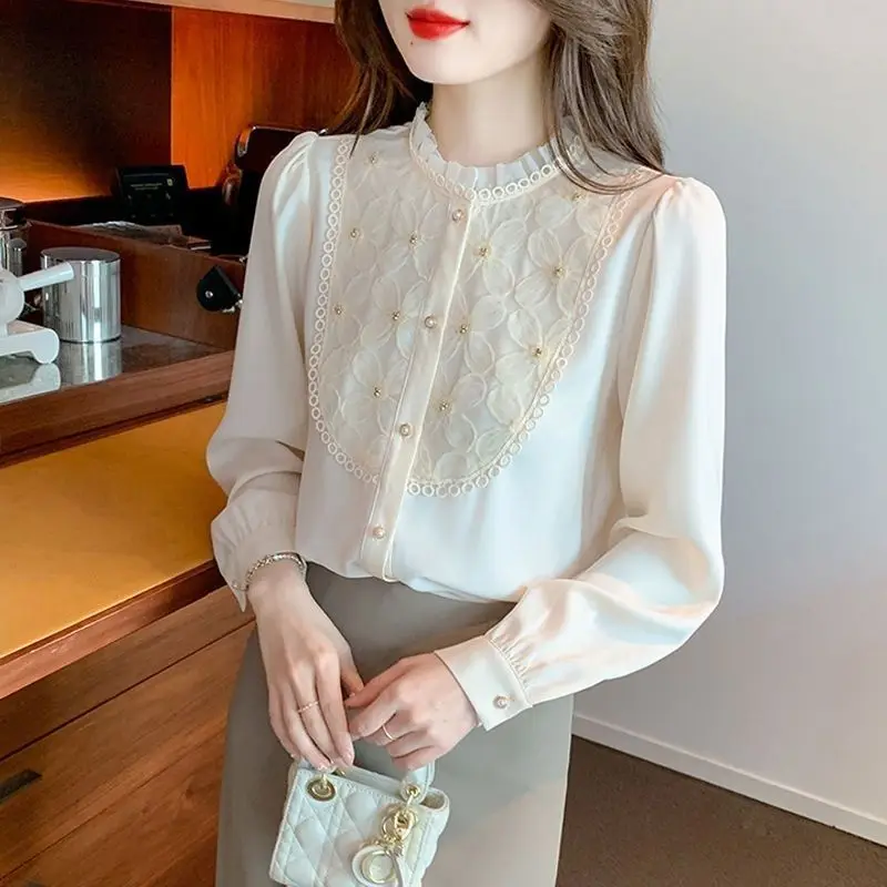 Embroidered Stand Up Collar Chiffon Shirt for Women in Autumn 2024 New French Style Age Reducing Versatile Long Sleeved Top