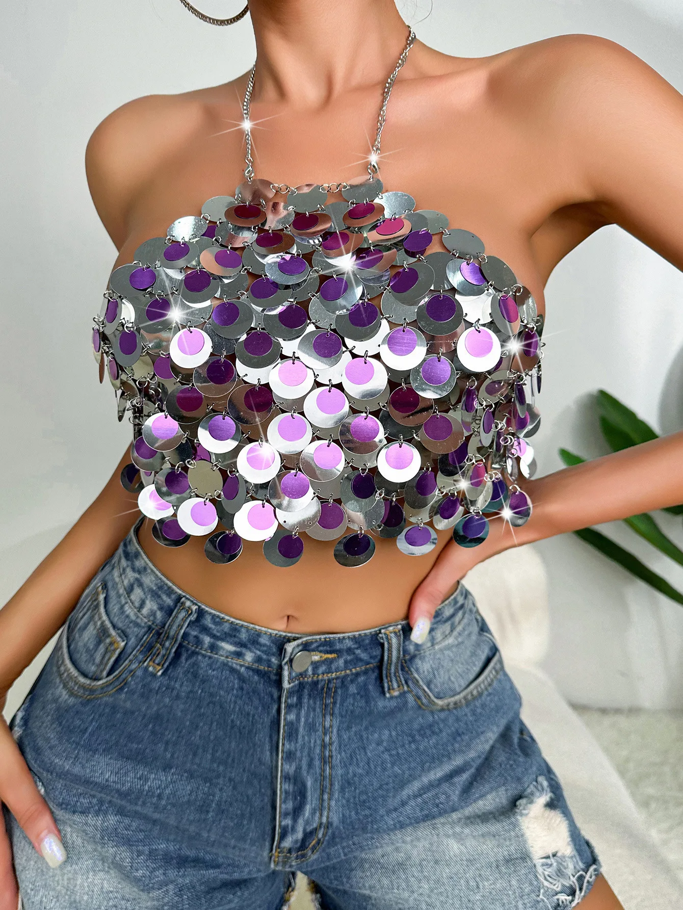 European Halter Camis Bikini Crop Tops Handmade Silver Sequined Bra Chain Women Beach Party NIght Clubwear Breast Body Chain