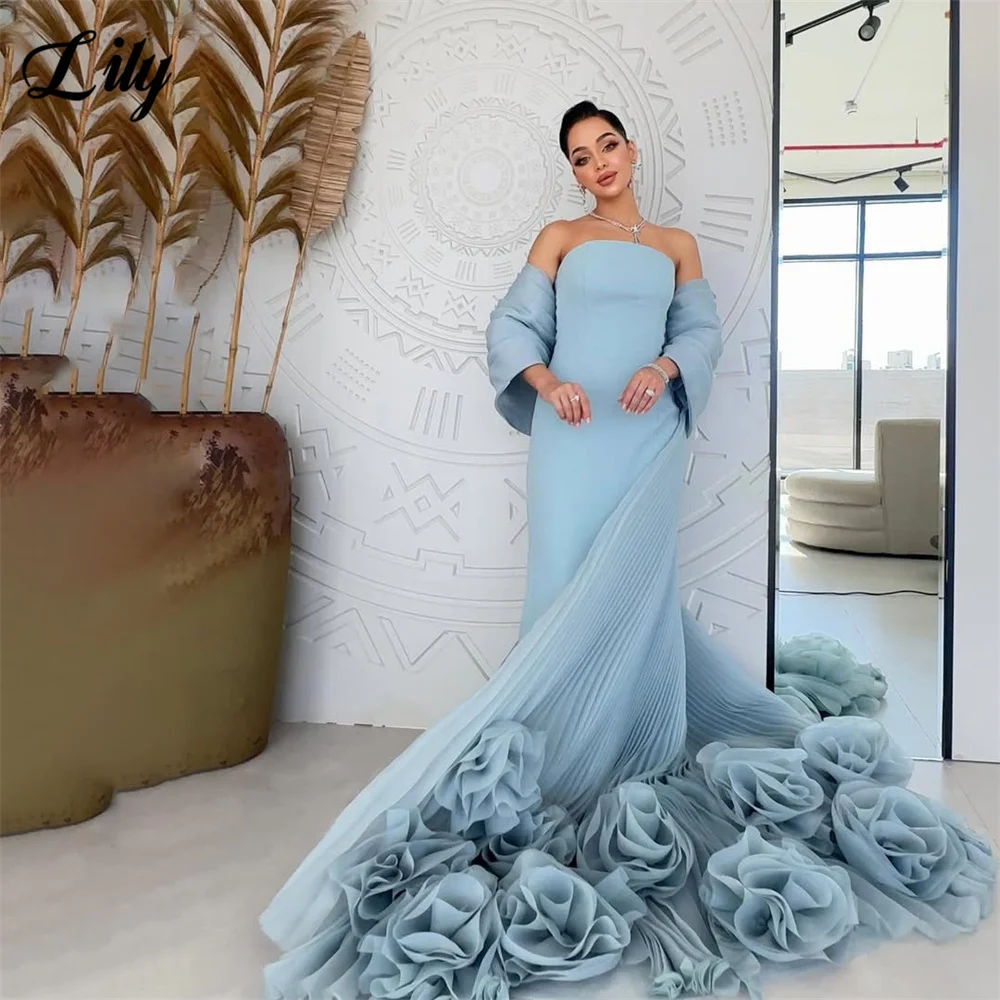 

Lily Blue Luxury Wedding Dress with Ruffled Flower Train Prom Gown Pleated فستان سهرة Mermaid Evening Dress Customized