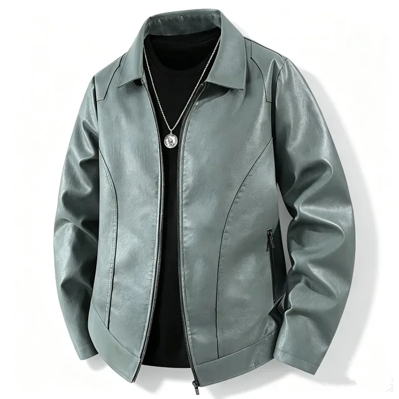 Men's Leather Jacket Zip Front Point Collar Two Side Zipper Pockets Long Sleeve Straight Hem Soft Regular Length Business Casual