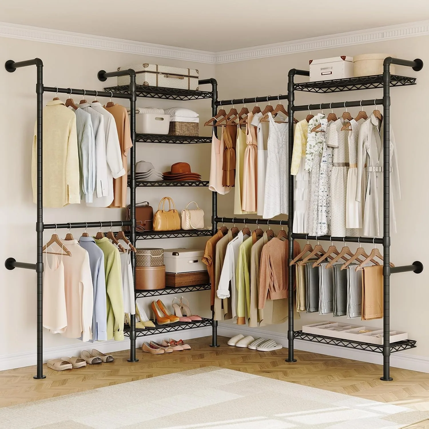 Wall Mounted Industrial Pipe Clothing Rack, Closet Organizer System with 6 Hanging Clothes Rods, Customized