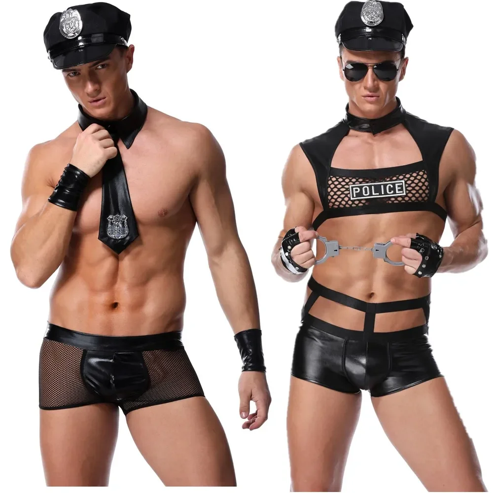 Sexy Police Costume Latex Mesh Sexy Lingerie Hot Erotic Cop Uniform Police Role Play Sex Clothes For Men Policeman Costume