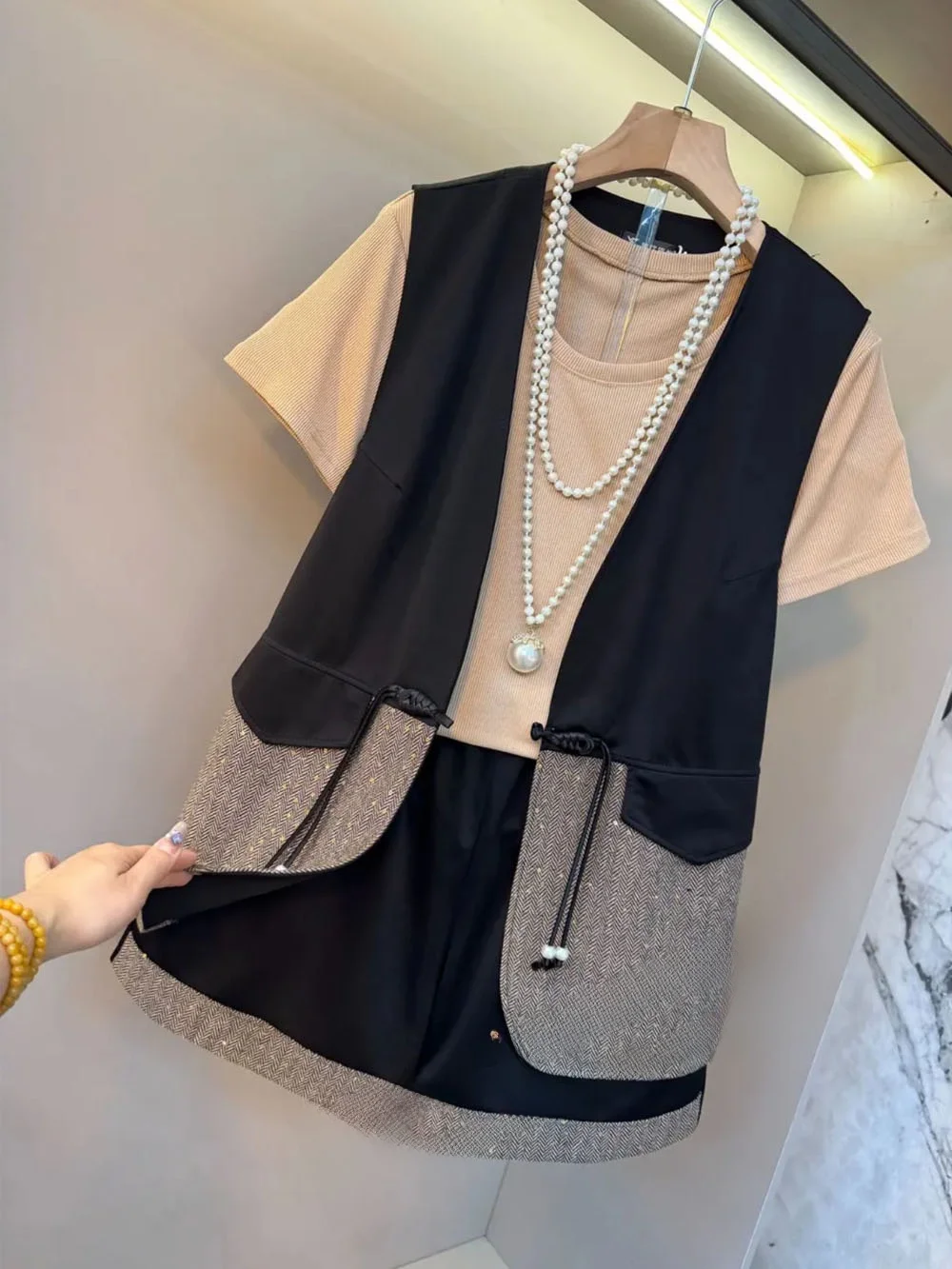 Nouveau Design de boutons chinois, tenue d'été grande taille, ensemble de t-shirt avec gilet, vêtements intérieurs pour sœur dodue