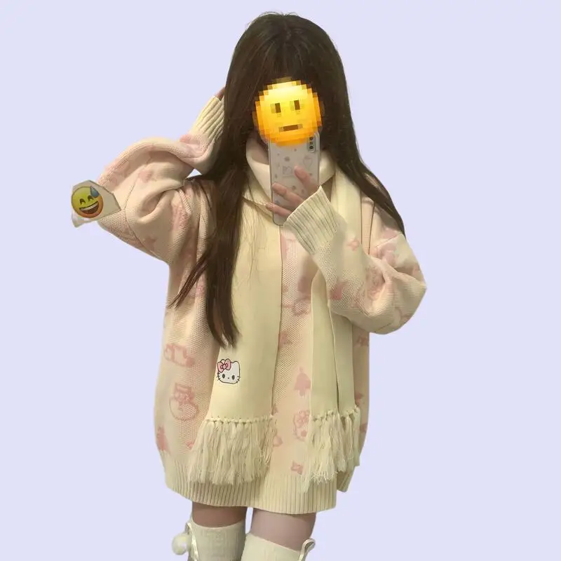2025年秋冬新作ファッション可愛い漫画セーター ハローキティ ラウンドネックパーカー カジュアルゆったり怠惰スタイルニットセーター