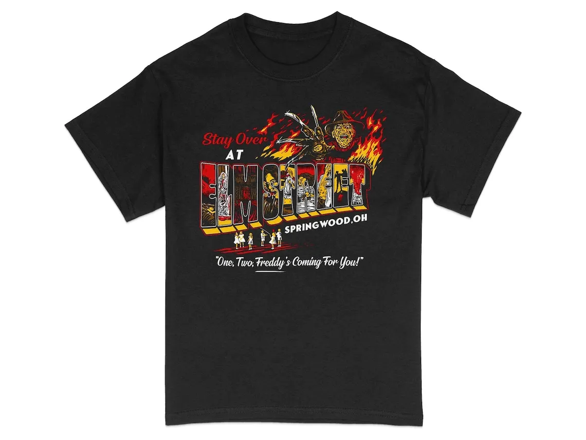 

Vintage Horror Movie Inspired T-Shirt Stay Over At Elm Street Springwood Cool Retro Graphic Tee Unisex