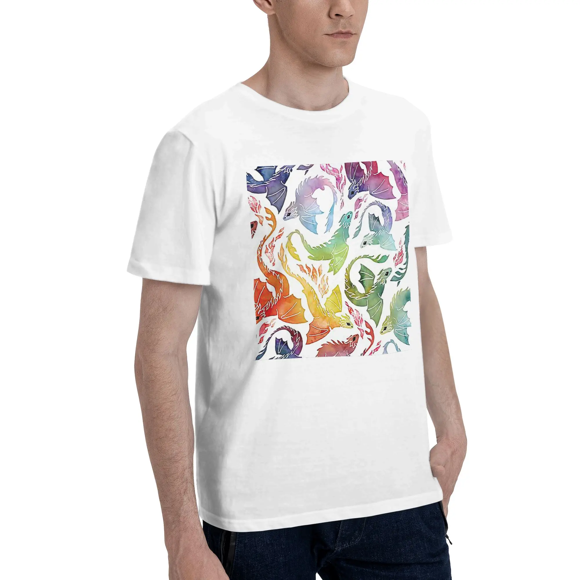 

Dragon fire rainbow Men T-Shirt Plus Size T Shirts Men's Round Neck Cotton Tees Short Summer Male