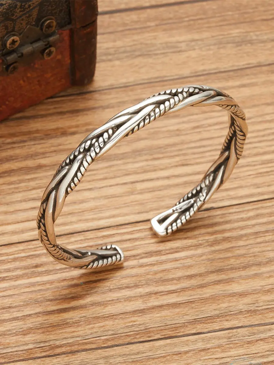 Vintage Trendy Silver Color Open Cuff Bracelet Nordic Viking Bangle Unique Twisted Woven Bracelet Men's Wristband Jewelry Gift