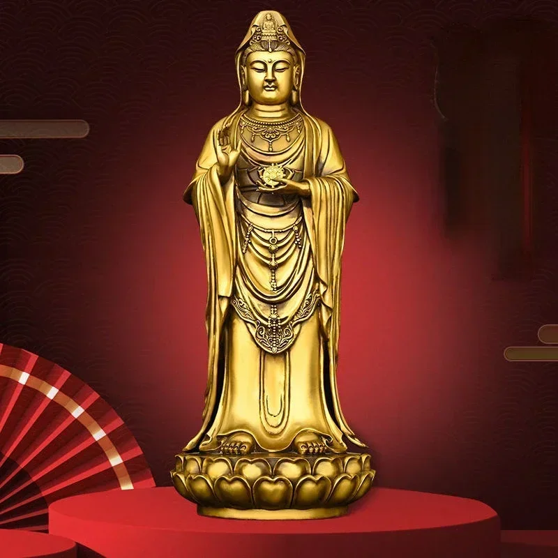 Feng Shui Lucky Copper South Sea Goddess of Mercy Bodhisattva Standing Lotus Flower Home Living Statues