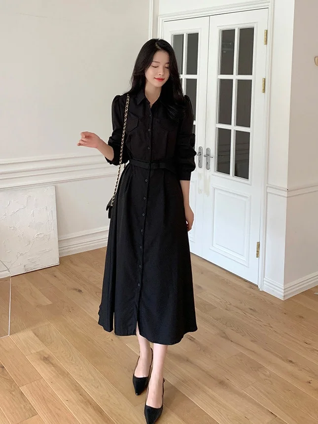 Elegant Belted Waist Maxi Dress Women's Chic Autumn Winter New Light Maturity Style High Waist Skirt Korean Style Long Dress