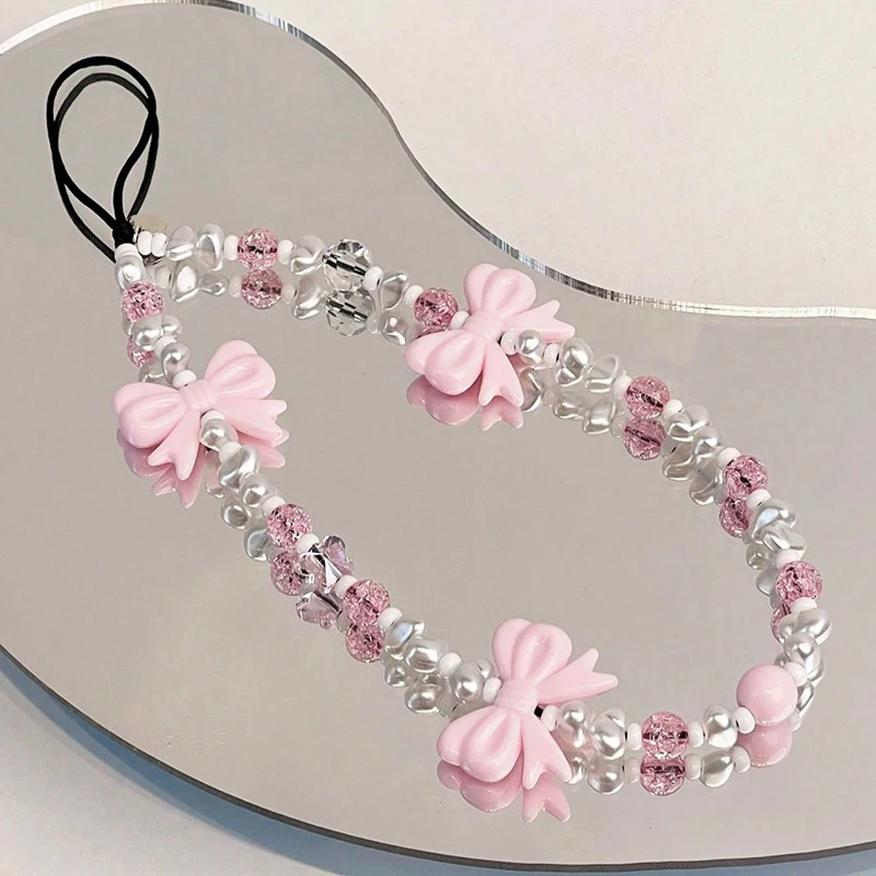 Fresh Bow Anti Drop Wrist Strap Phone Case Rope New Accessories for Women's Gifts Fashion Plush Beaded Love Phone Chain Lanyard