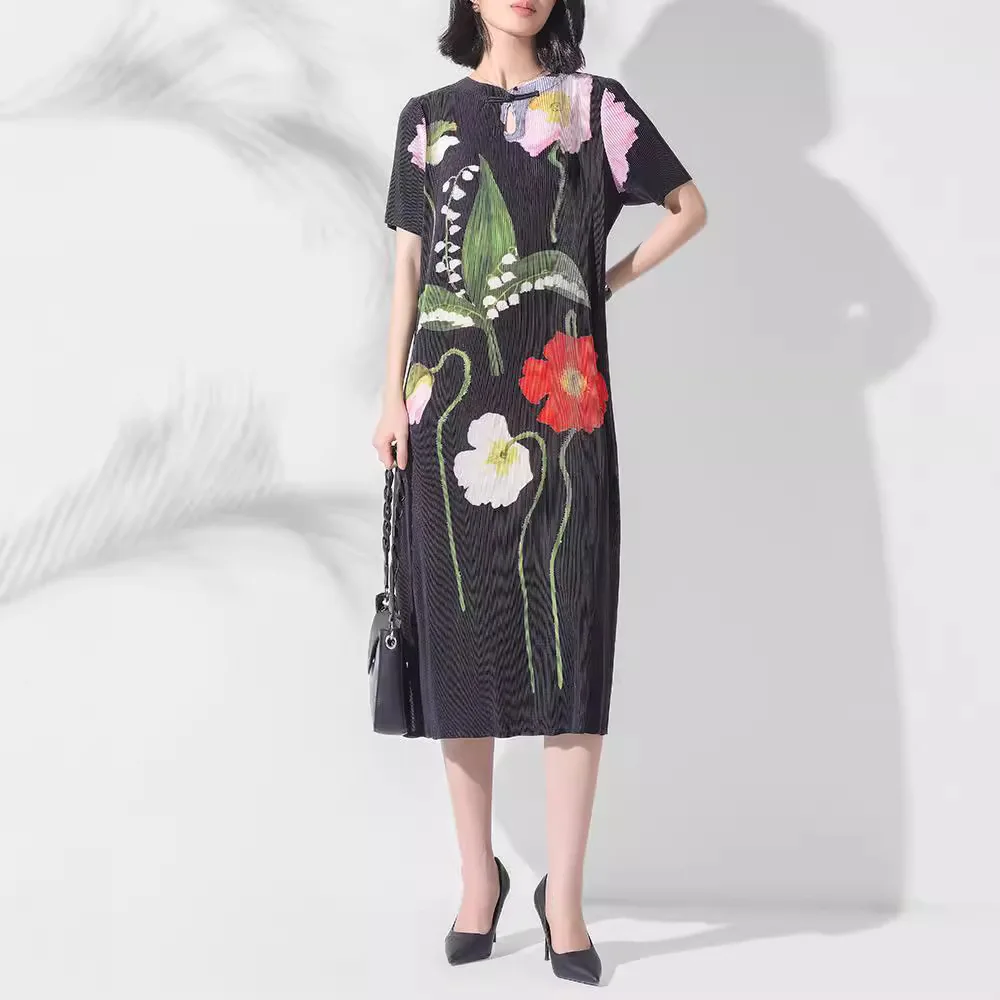 

Miyake Style Pleated Dress for Women 2024 New Chinese Style Cheongsam Fashionable Stand Collar Printed Slit Mid-length Skirt