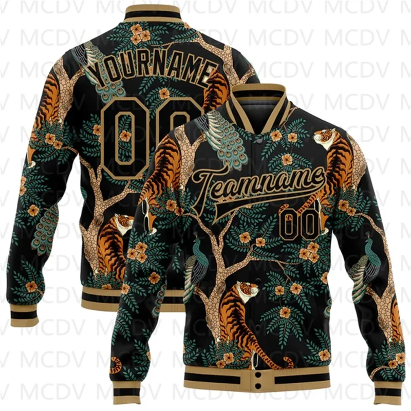 

Custom Black Black-Old Gold Tiger And Peacock 3D Pattern Design Bomber Full-Snap Varsity Letterman Jacket