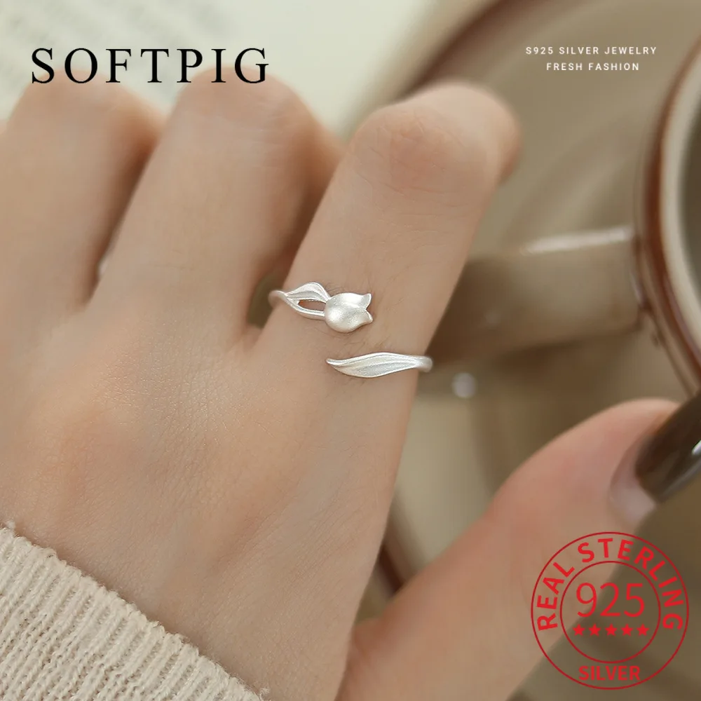 SOFTPIG Genuine 925 Sterling Silver Frosted Tulip Adjustable Ring for Women Party Trendy Fine Jewelry Light Luxury  Accessories