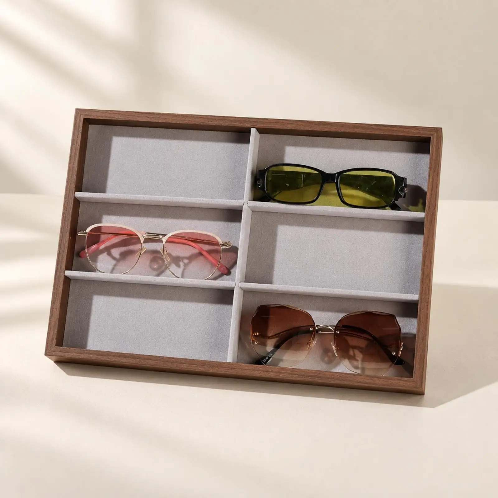 Walnut Woodgrain Eyeglass Display Case Organizer Tray for Sunglasses Storage Box with Divider for Glasses Holder