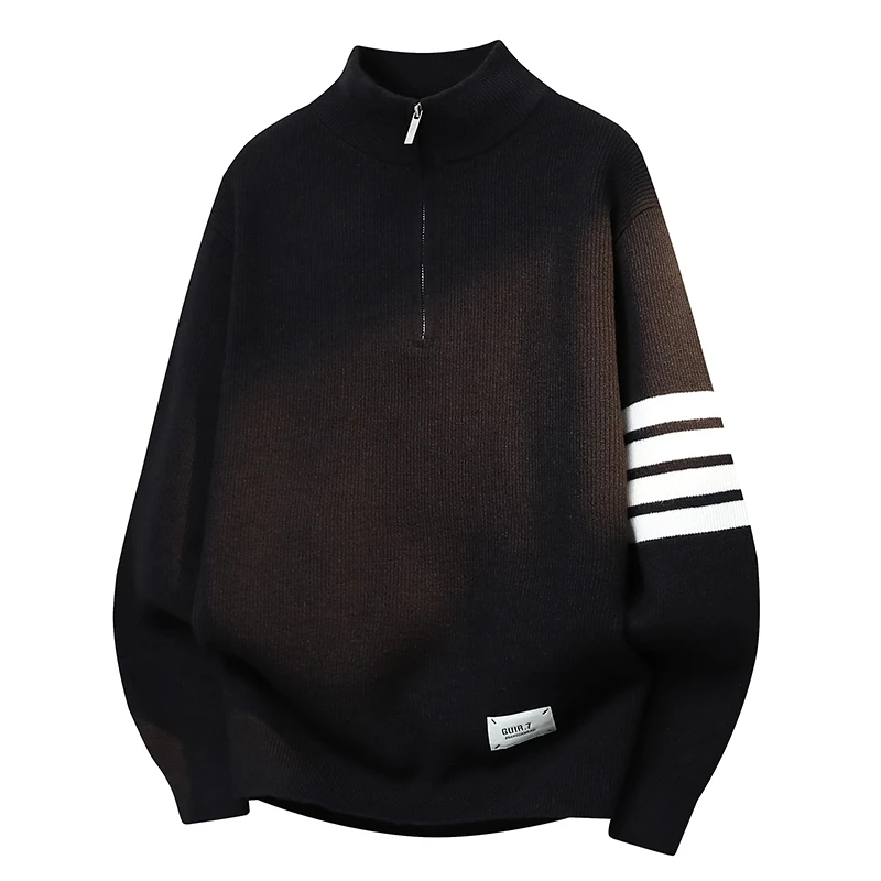 High-quality Zipper Half-high Neck Sweater Men Autumn Winter Trend Designer Brand New Striped Casual Thick Warm Knitted Pullover