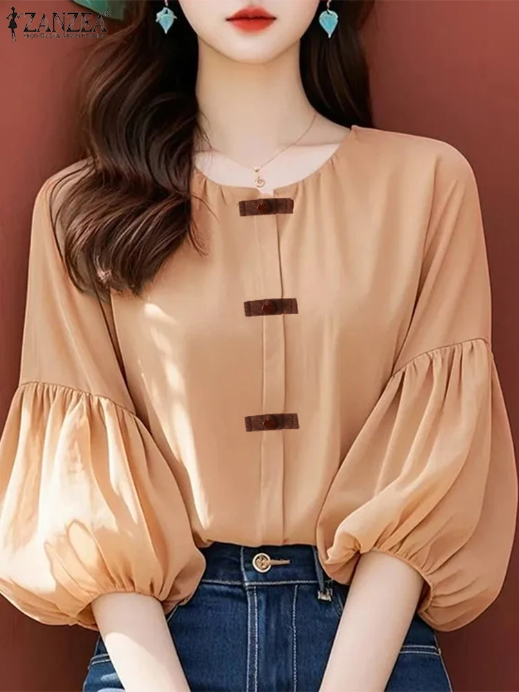 

ZANZEA Frog Buttons Women Blusas Mujer 2025 Spring Commute O Neck Lantern Sleeve Smock Tops Korean Style Streetwear Solid Blouse