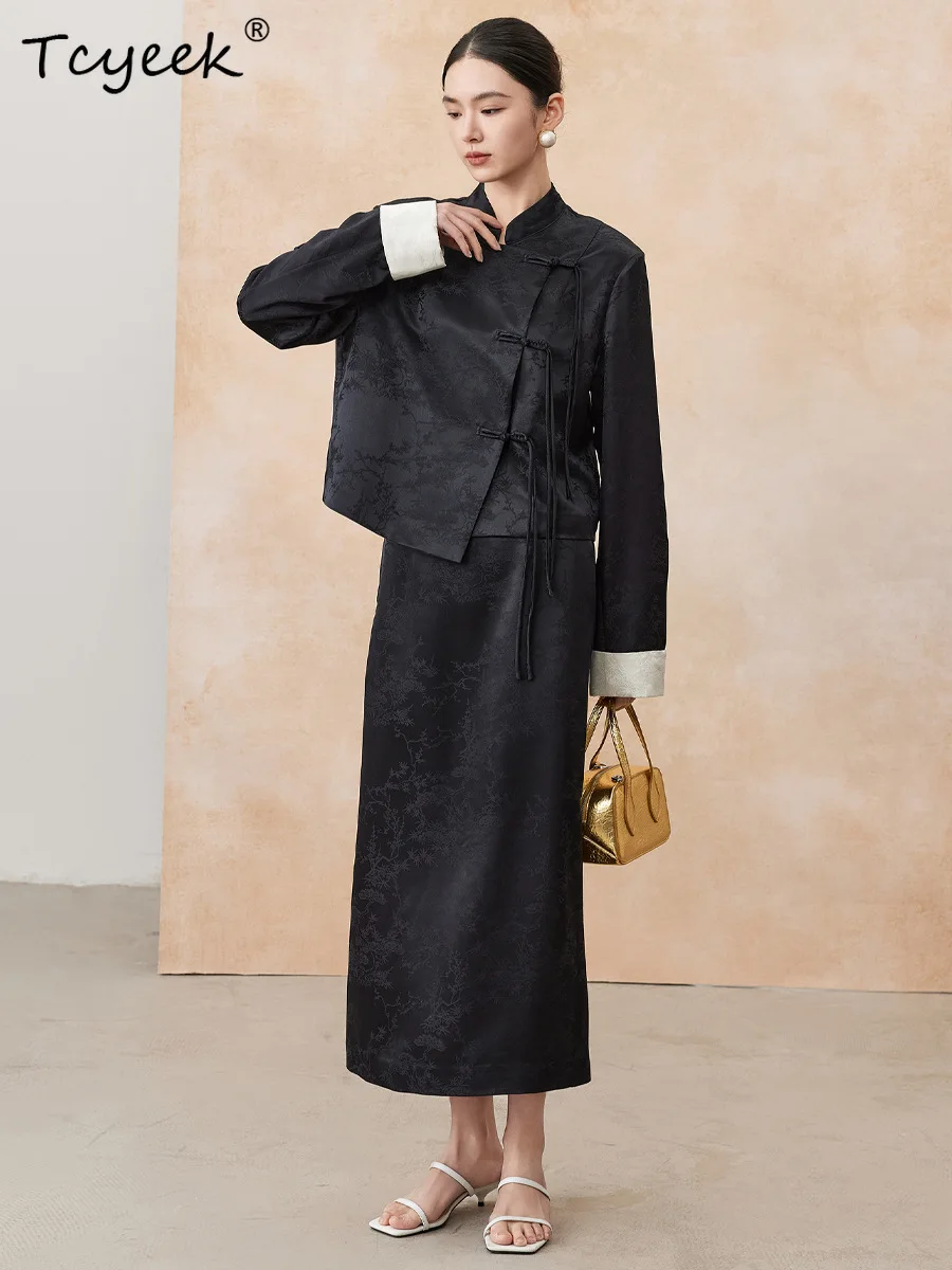 Tcyeek, 28 MM 100% Moerbei Zijde Nieuwe Chinese Set, Dames Jacquard Shirt Met Lange Mouwen, OL Vintage Rok, 2024 Herfst Nieuwe S48411QM