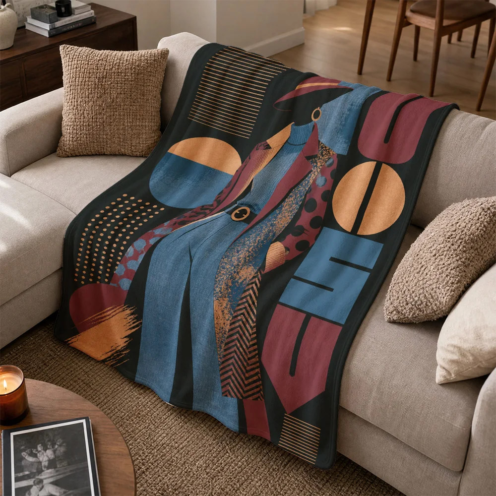 Chic Boho Abstract Art Print Throw Blanket for Sofa Decorative Mid Century Modern Living Room Home Decor Gift