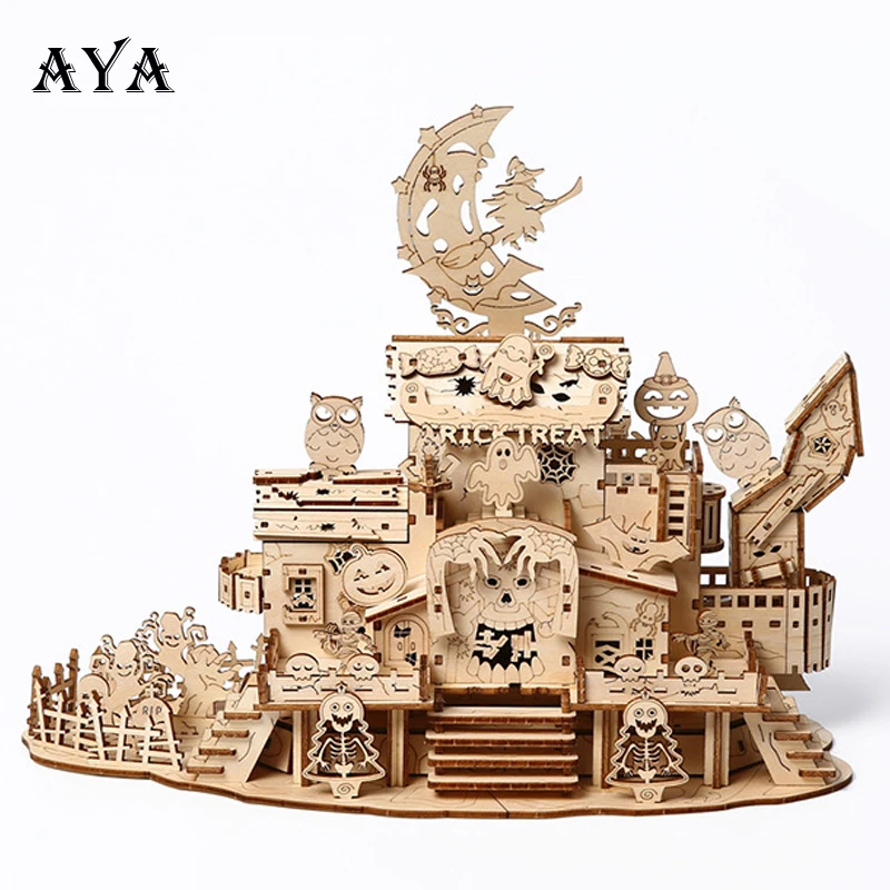 3D Halloween Geisterhaus Holzpuzzle Geisterbaum mit Licht DIY Modellbausatz Schreibtischdekoration Spielzeug Geschenk für Kinder und Erwachsene