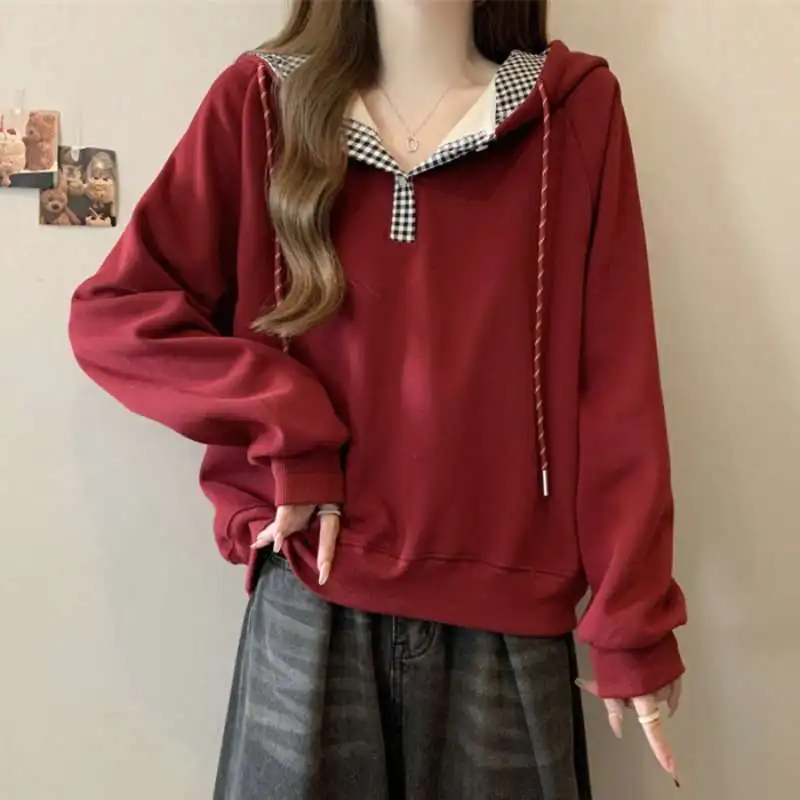 Sweat-shirt à capuche à carreaux américains pour femmes, veste rétro ample de Style paresseux, automne hiver
