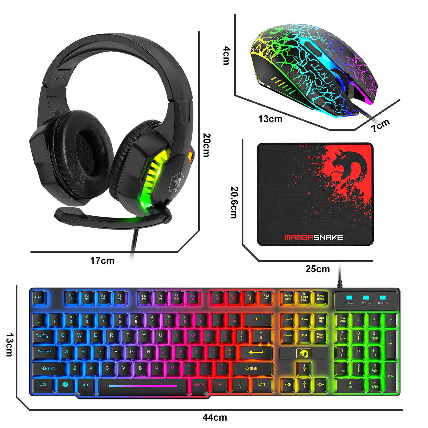 MAMBASNAKE T11 Wired Gaming Keyboard and Mouse Headset Combo,Rainbow LED Backlit Wired Keyboard,Over Ear Headphone with Mic,Rain