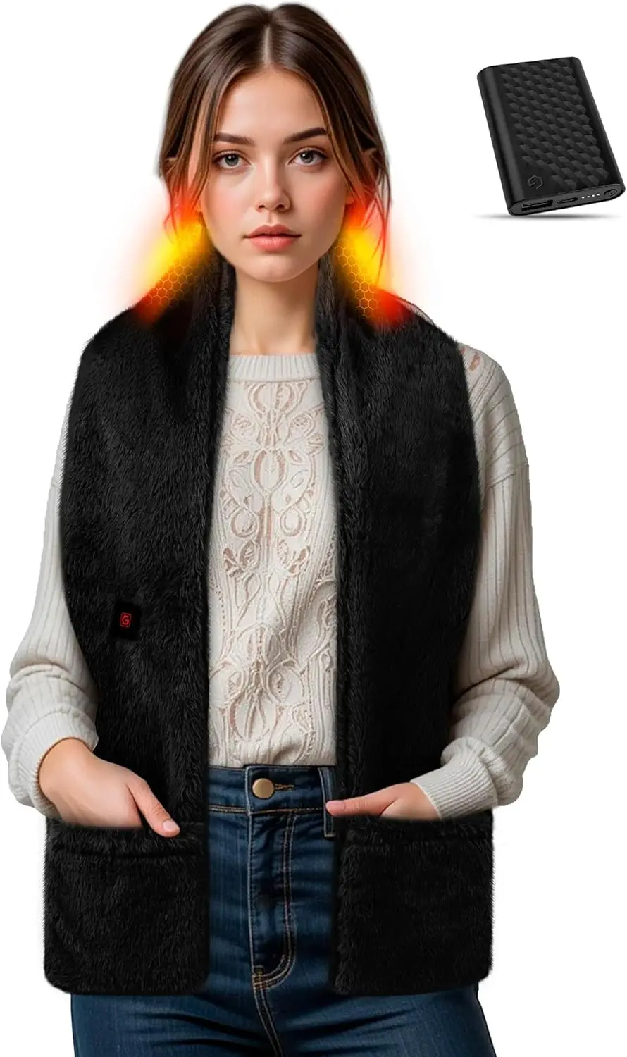 

Шарф с подогревом и меховой отделкой для женщин, с аккумулятором 6000 мАч, перезаряжаемый, подарок на День святого Валентина