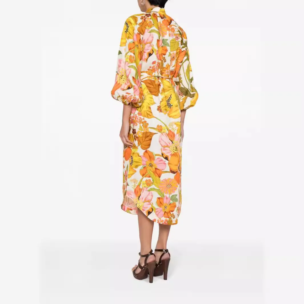 Sukienki maxi z kwiatowym nadrukiem, bufiastymi rękawami, eleganckie, z dekoltem typu O, sznurowane, sukienki na wakacje, plażę, imprezę.