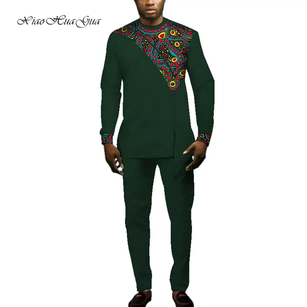 Mens African Outfits Set African Print Autumn Round Neck Long Sleeve Dashiki T-shirt+Trousers Casual Two Piece Suit Men WYN693