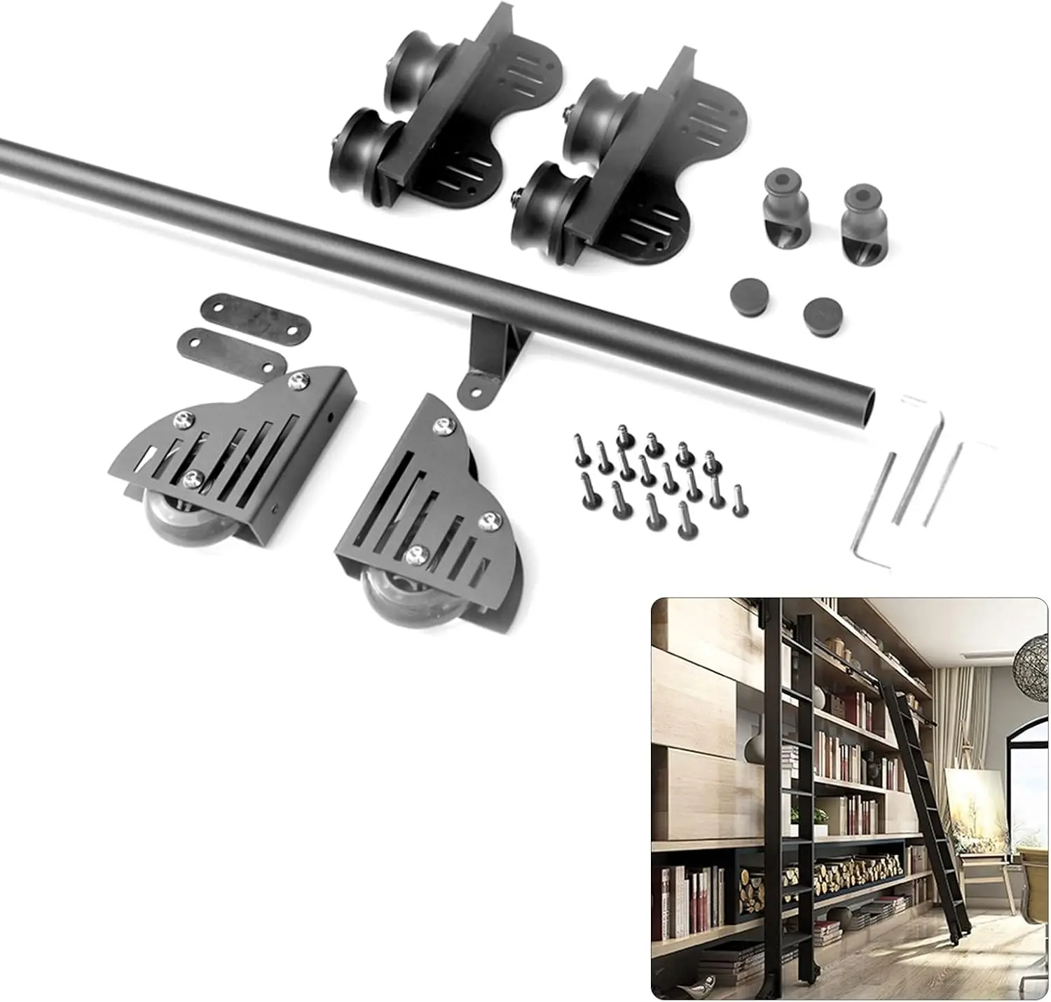 Sliding Barn Door Kit (No Ladder) Retractable Rolling Ladder Hardware/Rail, Round Tube Sliding Library Hardware Rolling