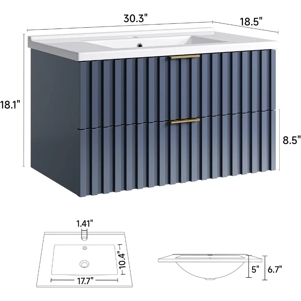 30 Inch Floating Bathroom Vanity with Ceramic Sink, Blue